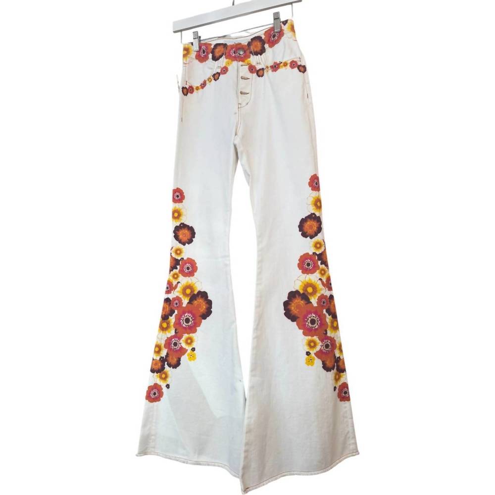 NEW SHAFT JEANS women's floral bell bottom jeans in white multi